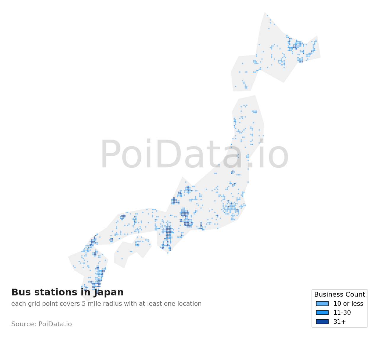 Bus station density map for Japan