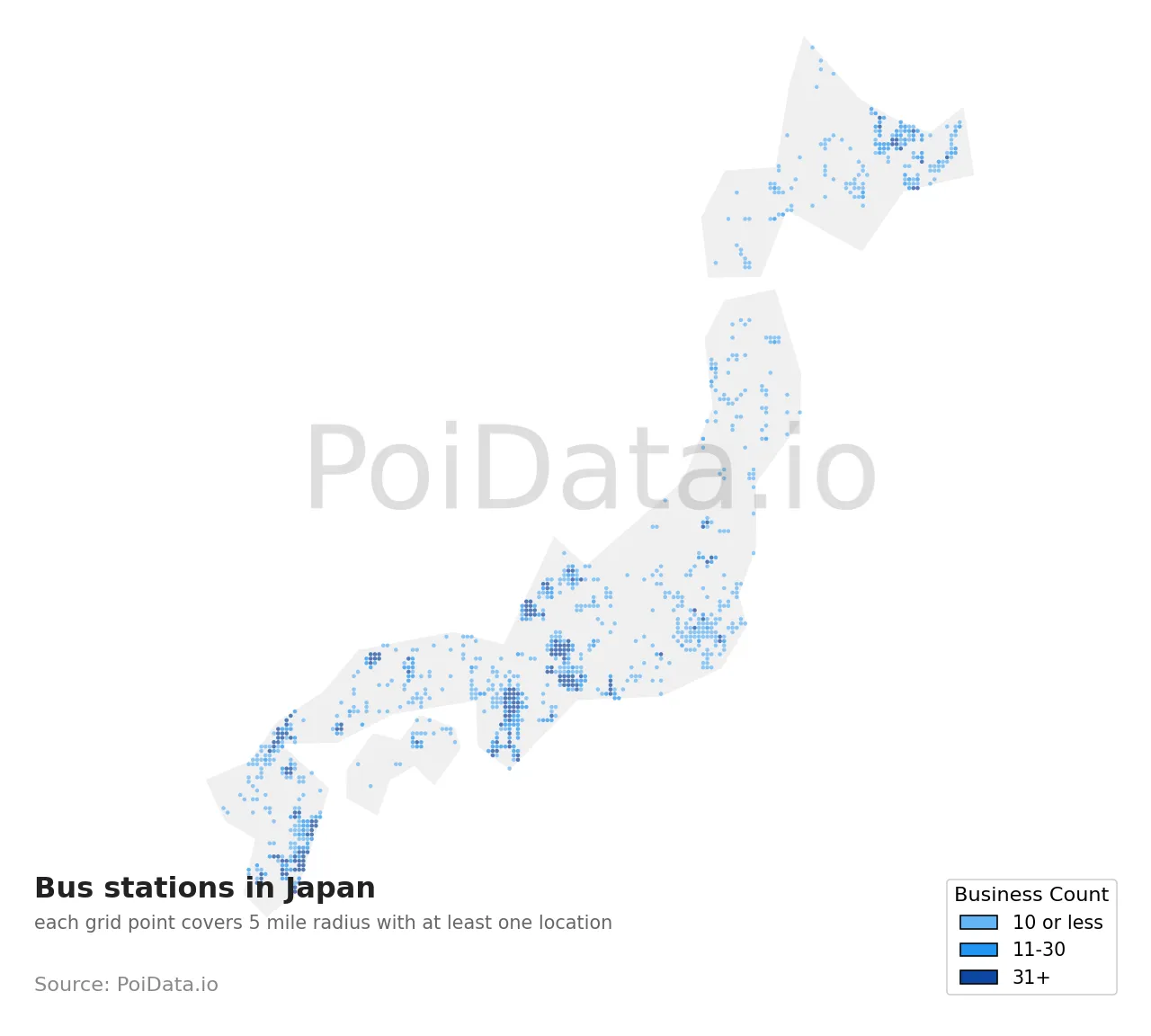 Bus station density map for Japan