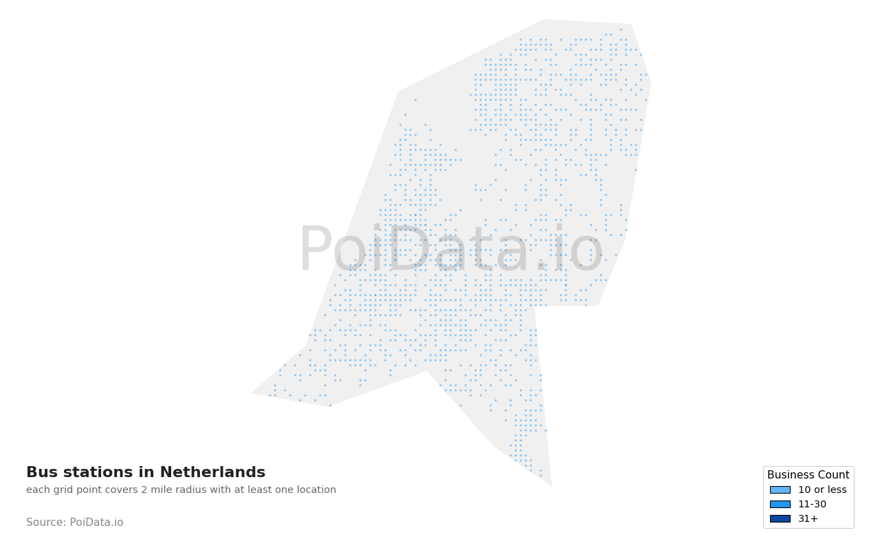 Bus station density map for Netherlands