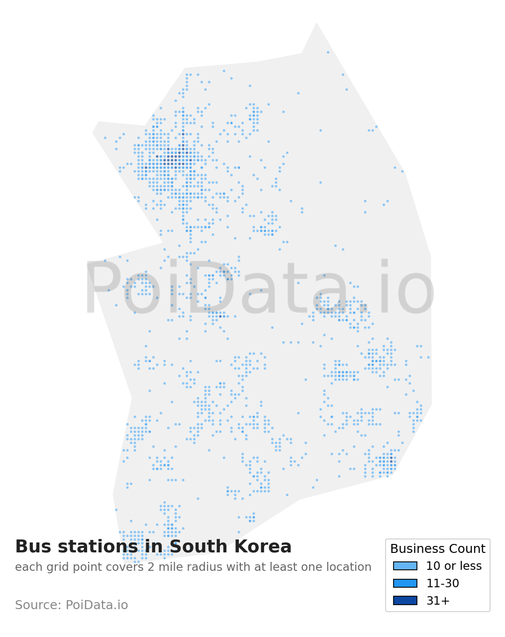 Bus station density map for South Korea