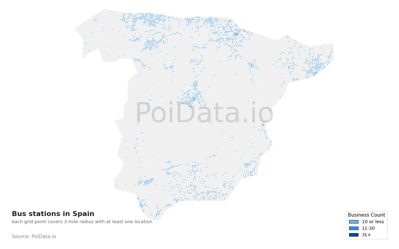 Bus station density map for Spain