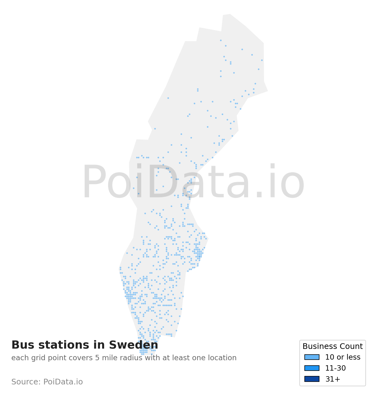 Bus station density map for Sweden