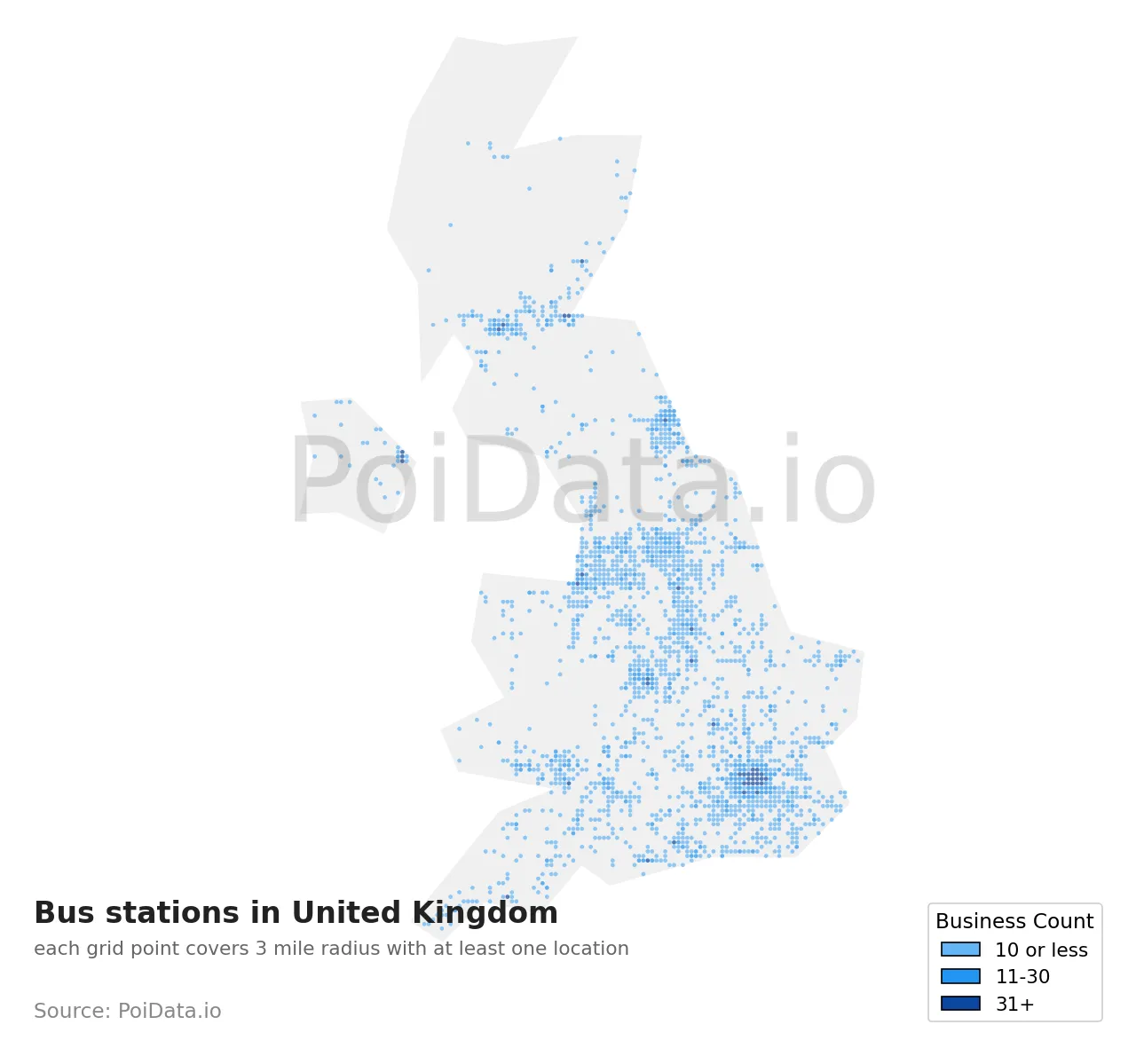 Bus station density map for United Kingdom