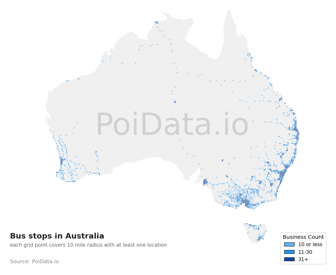 Bus stop density map for Australia