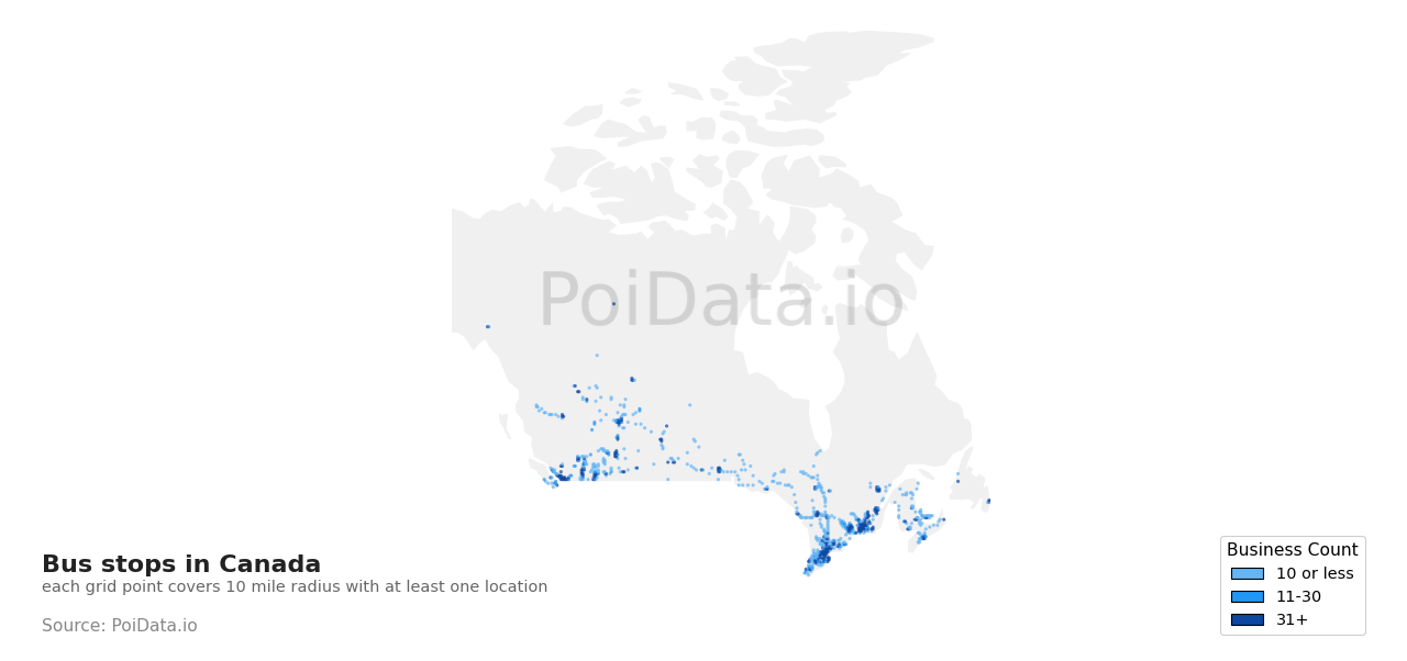 Bus stop density map for Canada