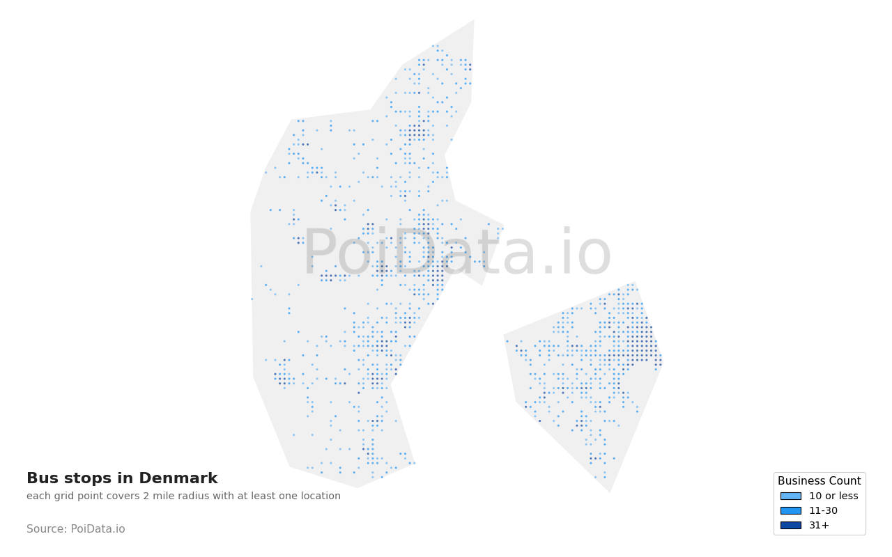 Bus stop density map for Denmark
