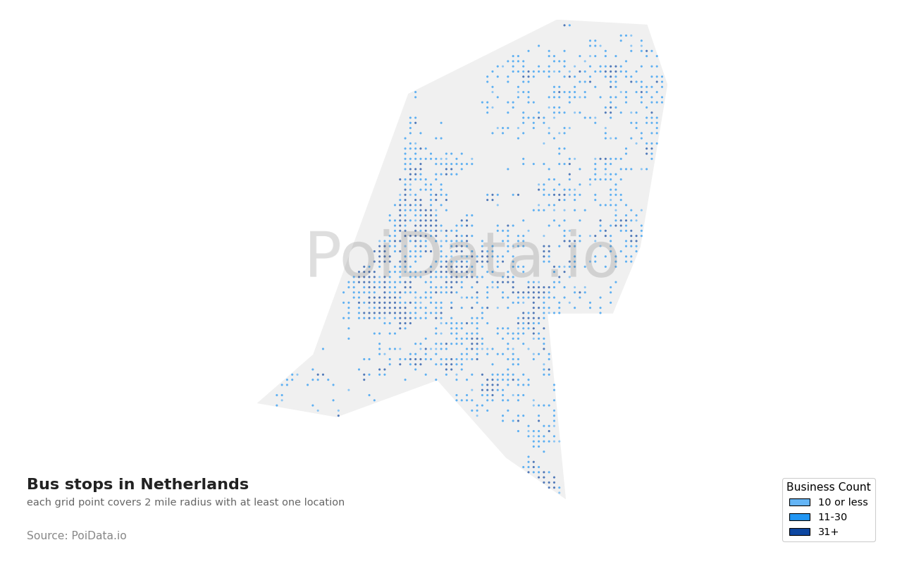 Bus stop density map for Netherlands
