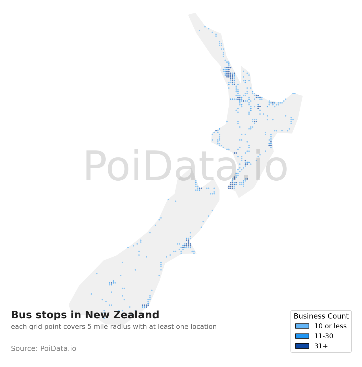 Bus stop density map for New Zealand