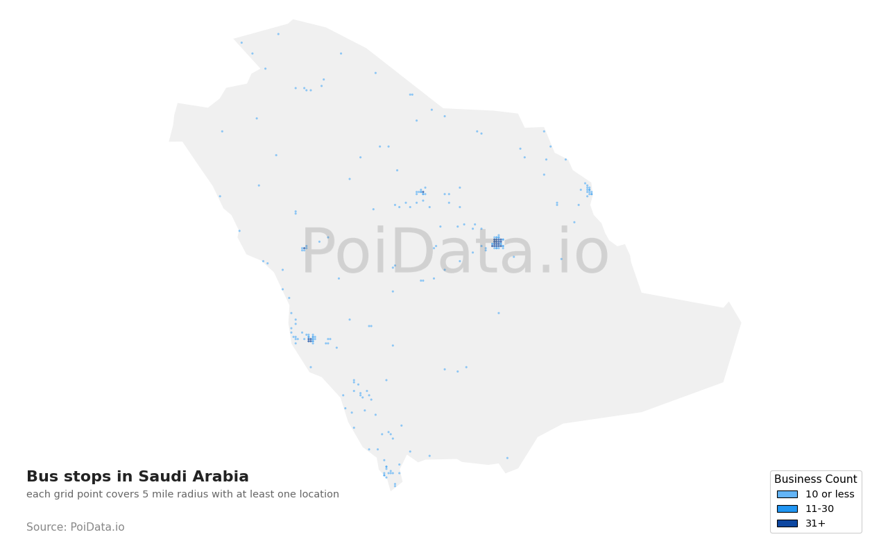 Bus stop density map for Saudi Arabia
