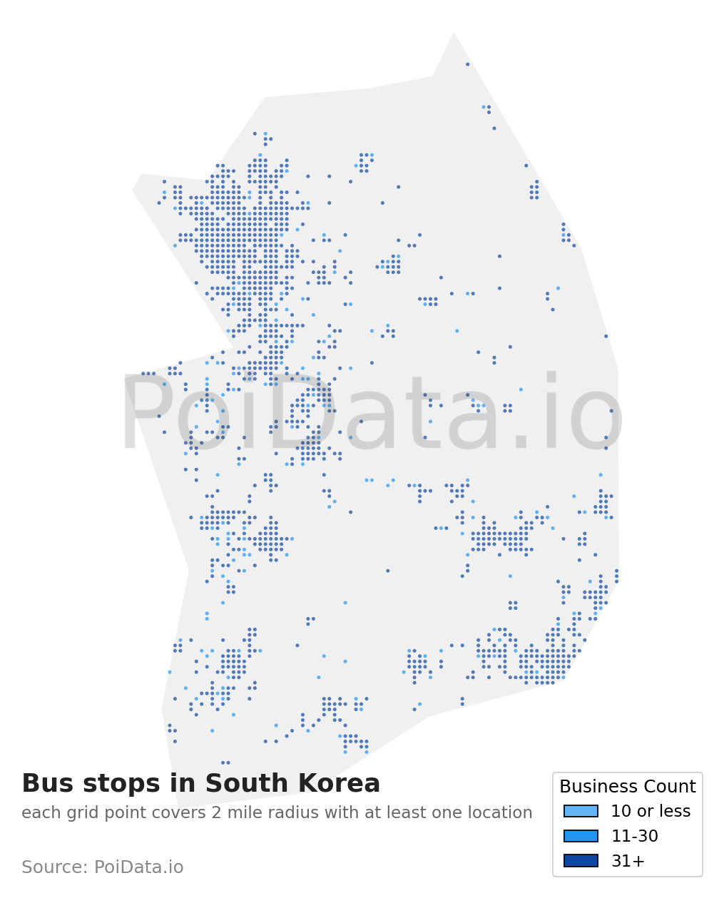 Bus stop density map for South Korea