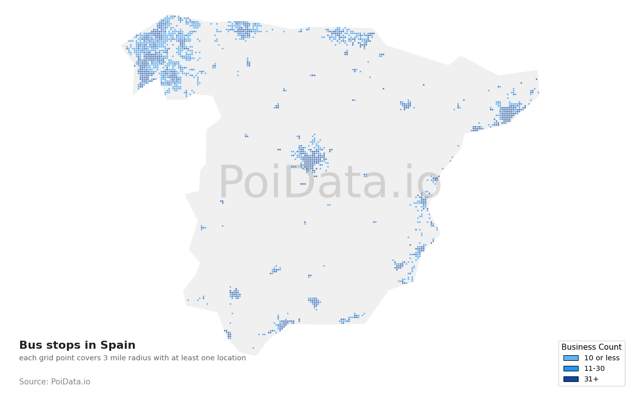 Bus stop density map for Spain