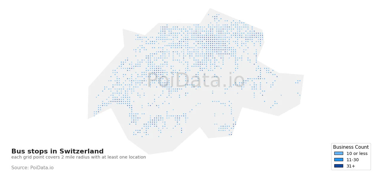 Bus stop density map for Switzerland