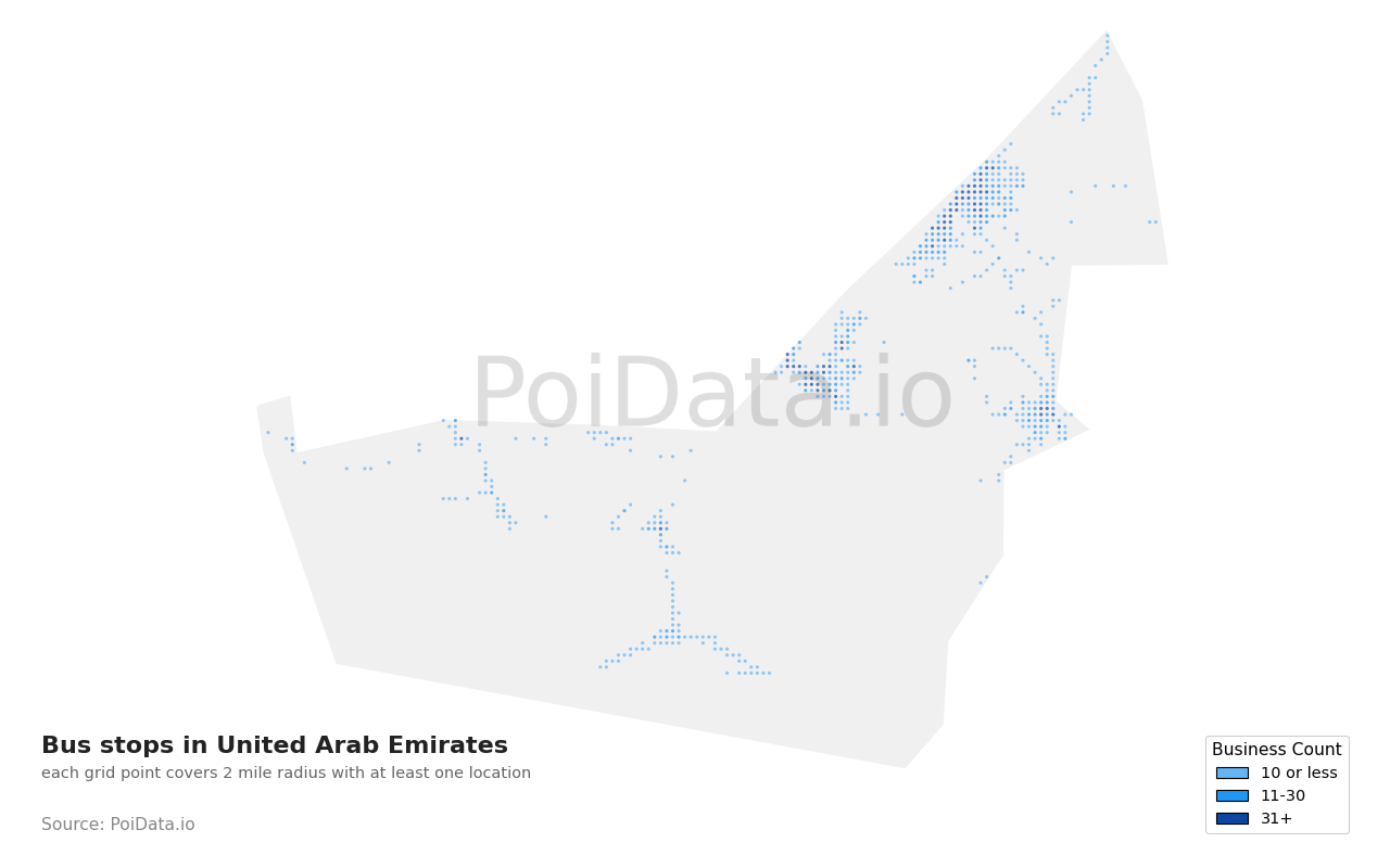 Bus stop density map for United Arab Emirates