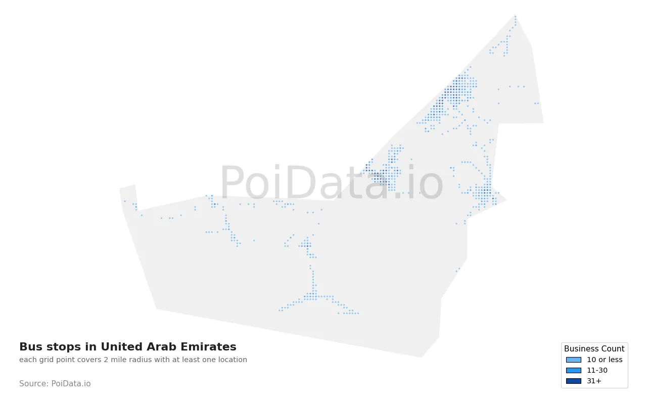 Bus stop density map for United Arab Emirates