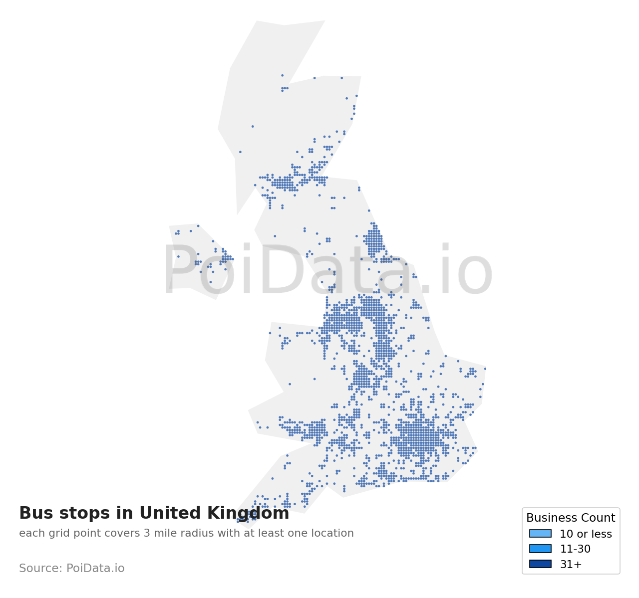 Bus stop density map for United Kingdom