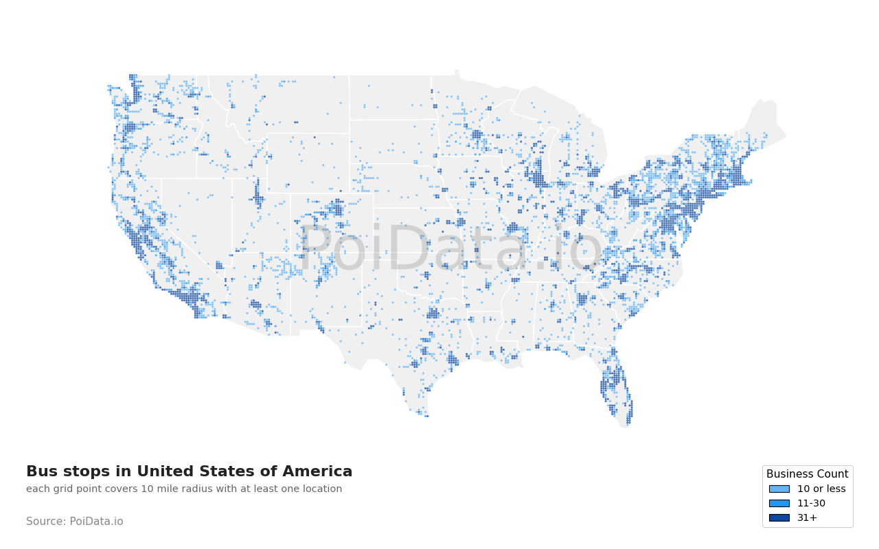 Bus stop density map for United States