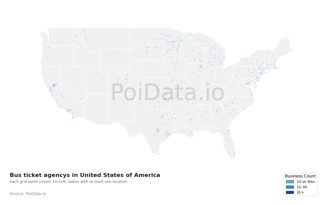 Bus ticket agency density map for New York, United States