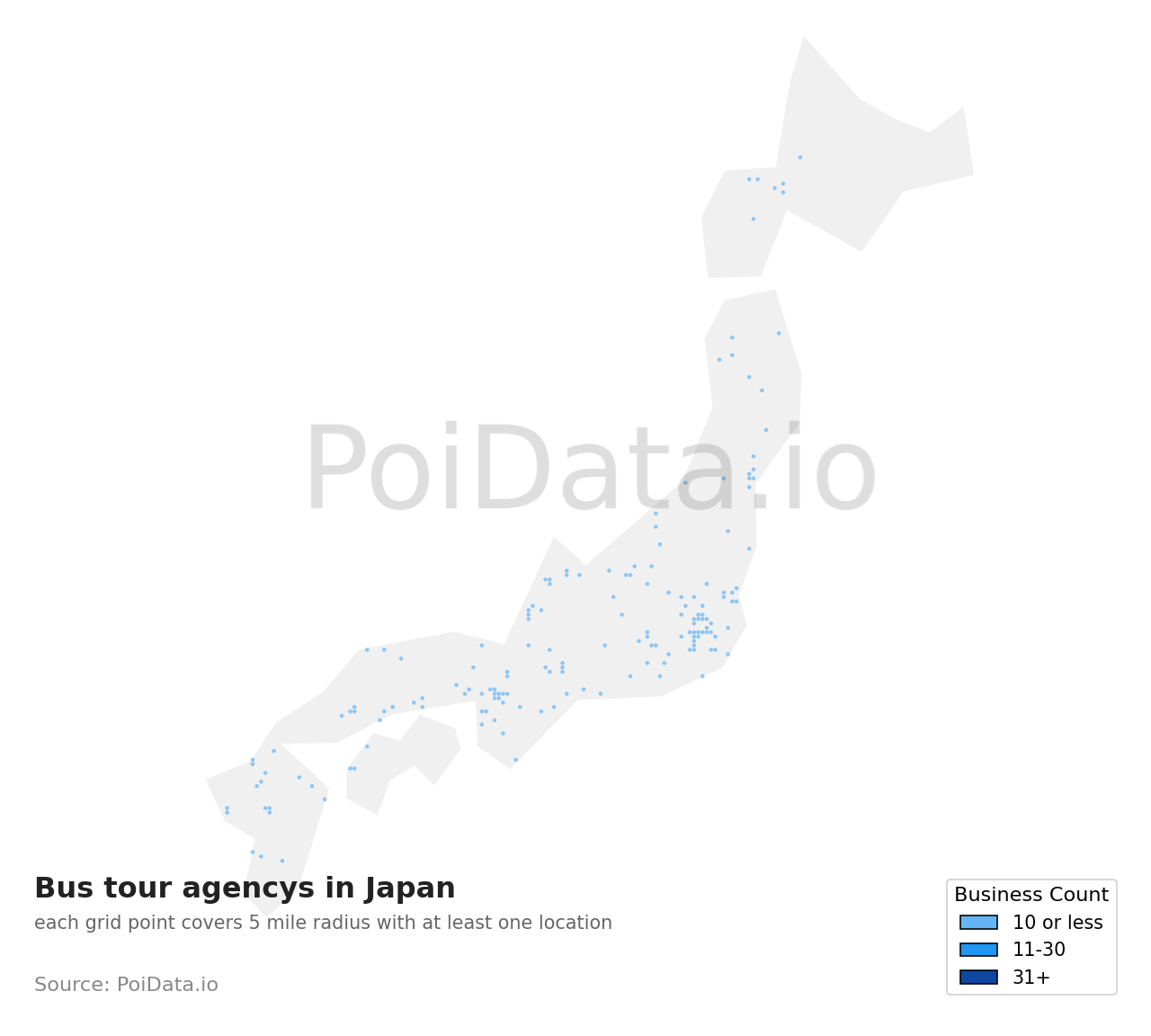 Bus tour agency density map for Japan
