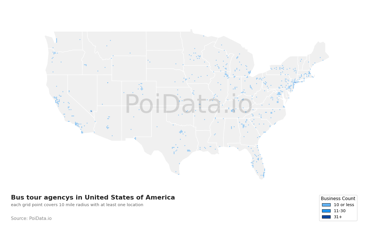Bus tour agency density map for United States