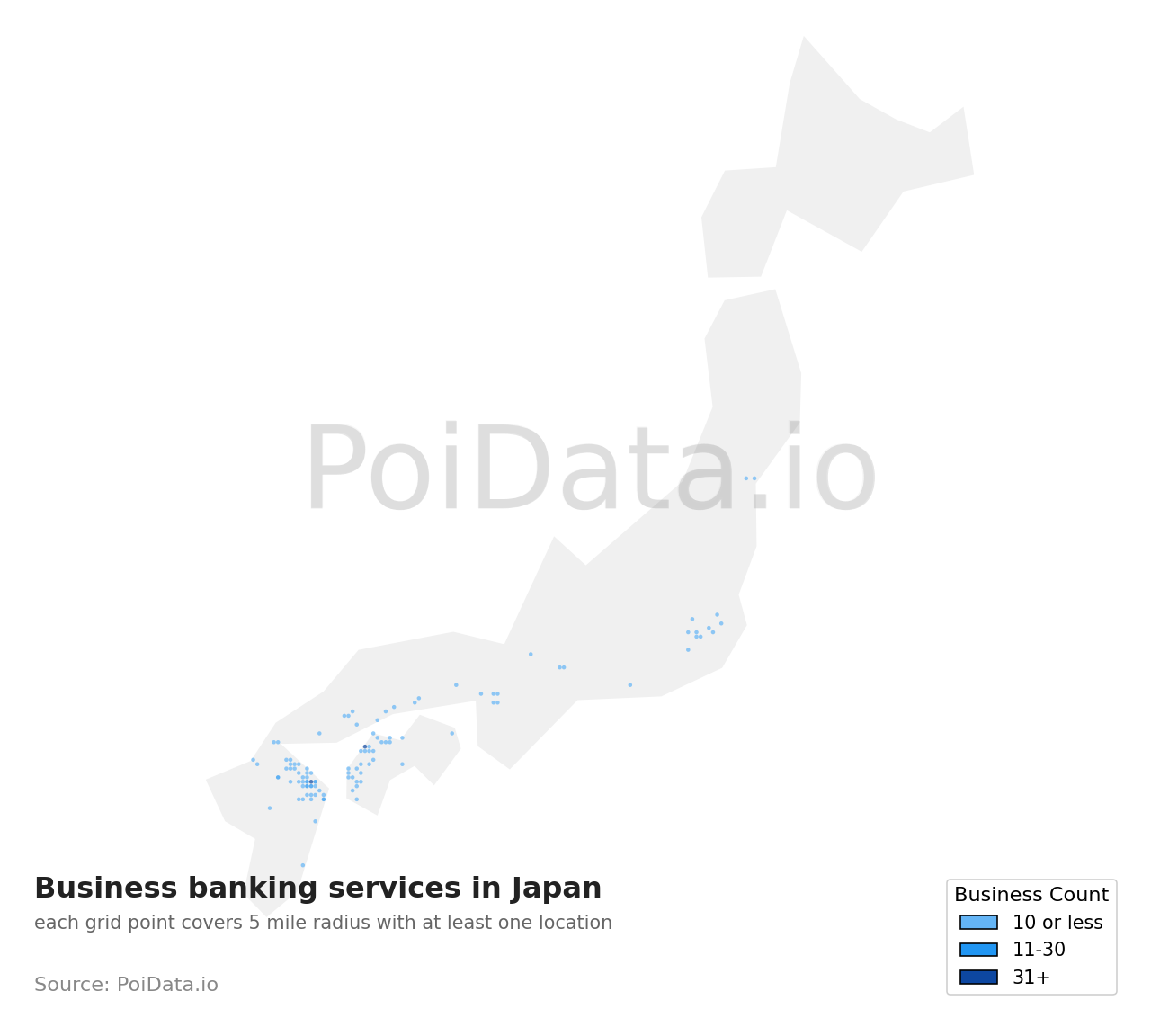 Business banking service density map for Japan