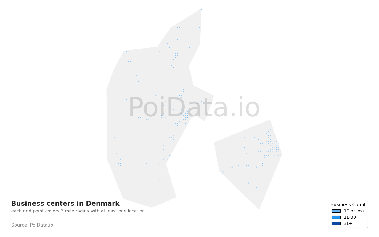 Business center density map for Denmark