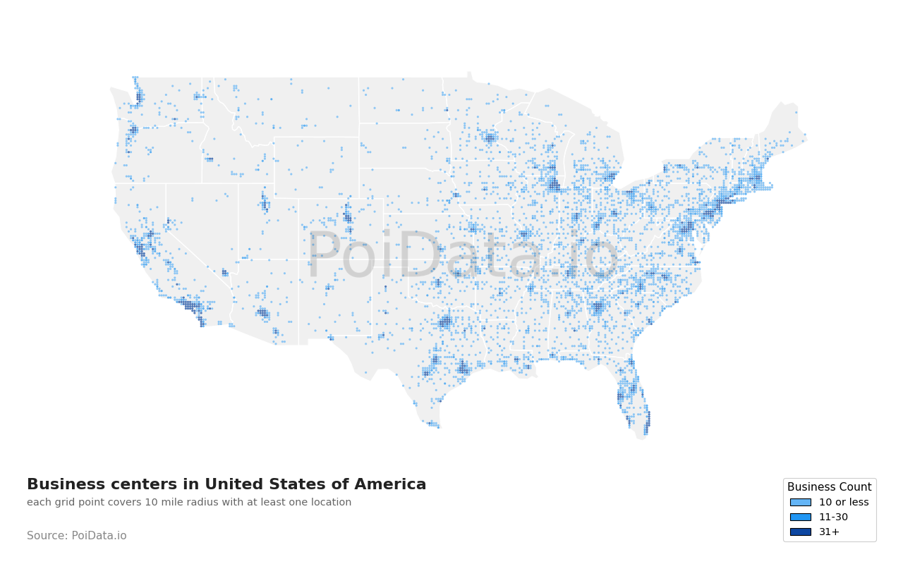 Business center density map for United States