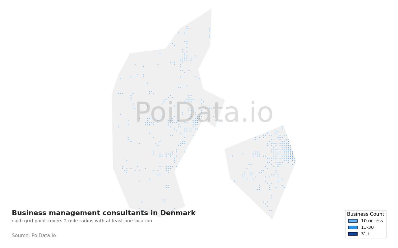 Business management consultant density map for Denmark