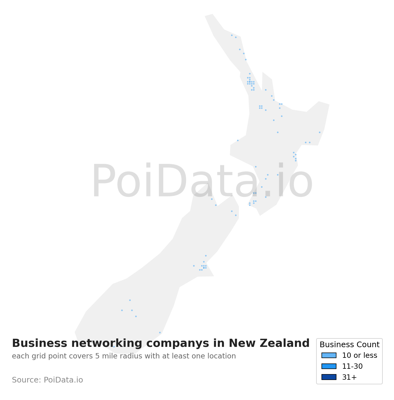Business networking company density map for New Zealand