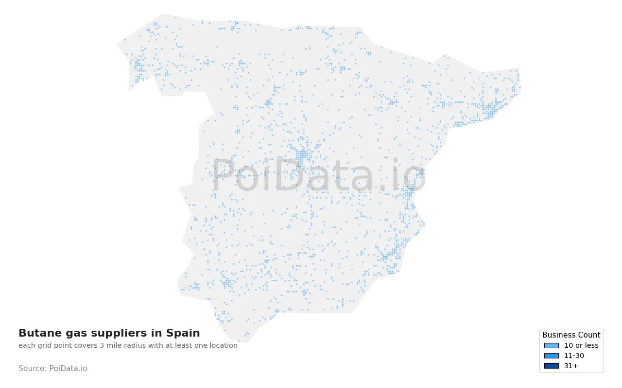 Butane gas supplier density map for Spain