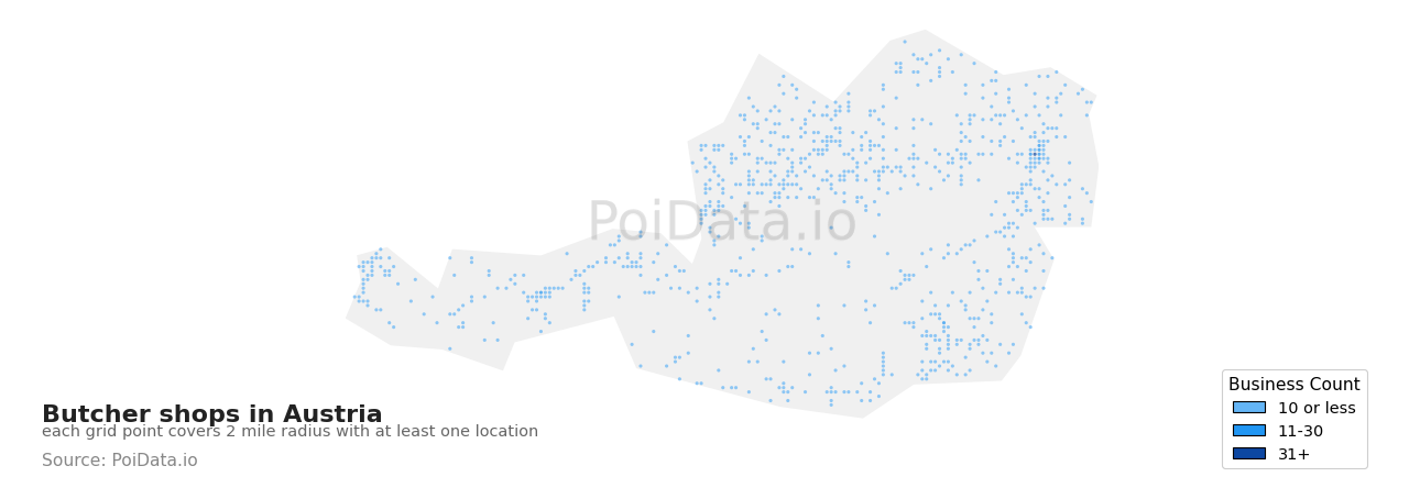 Butcher shop density map for Austria