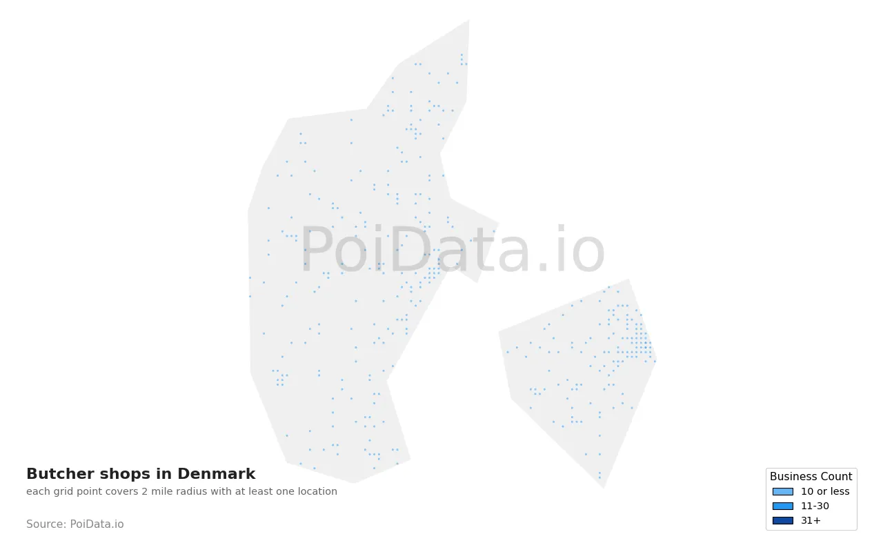 Butcher shop density map for Denmark