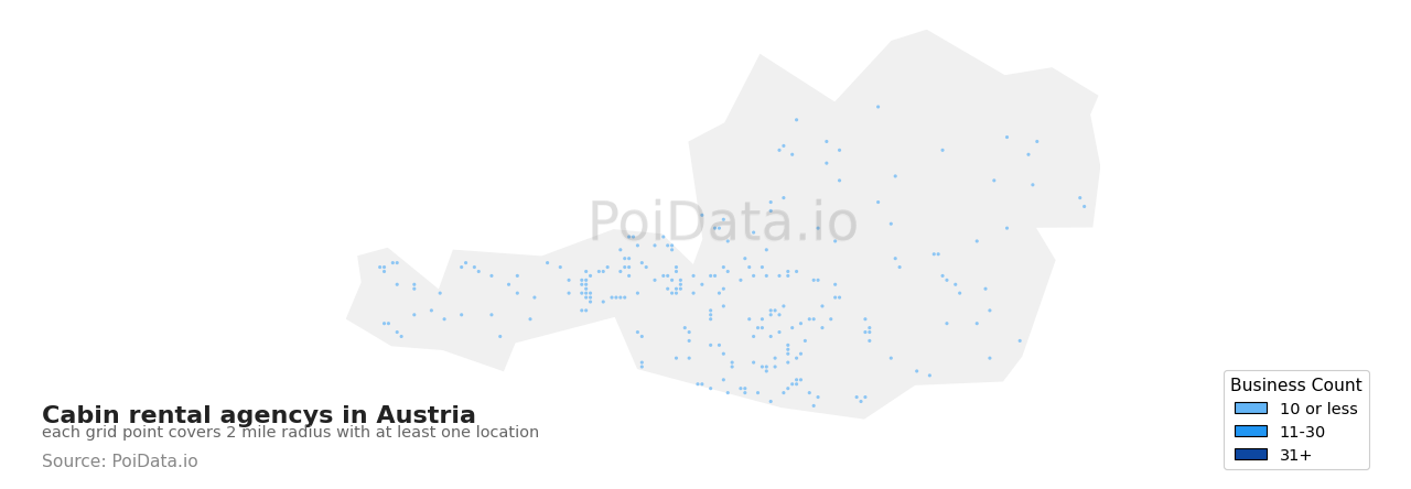 Cabin rental agency density map for Austria