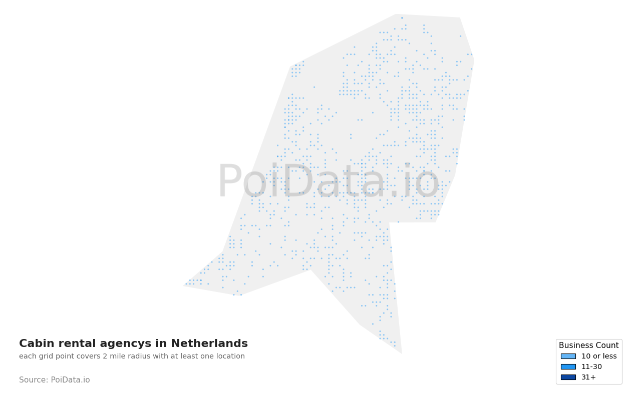 Cabin rental agency density map for Netherlands