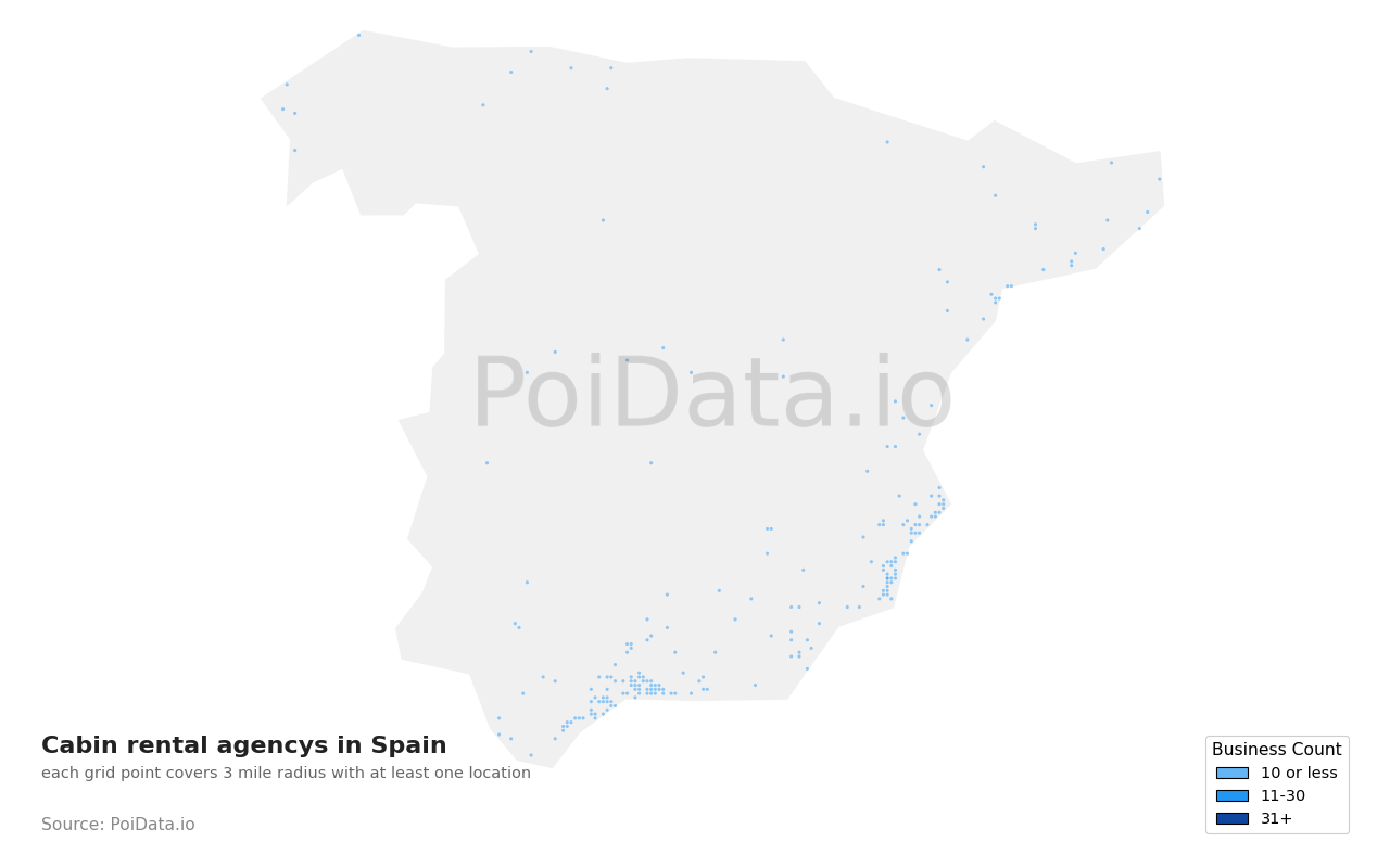 Cabin rental agency density map for Spain