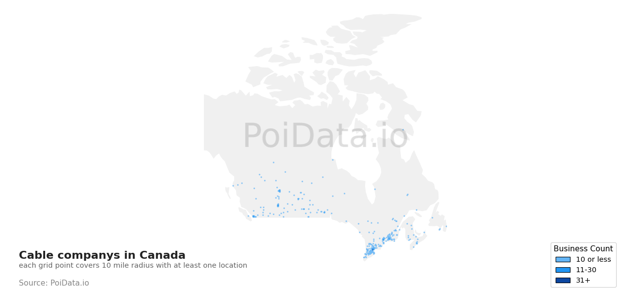 Cable company density map for British Columbia, Canada