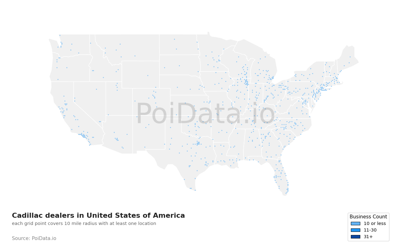 Cadillac dealer density map for United States