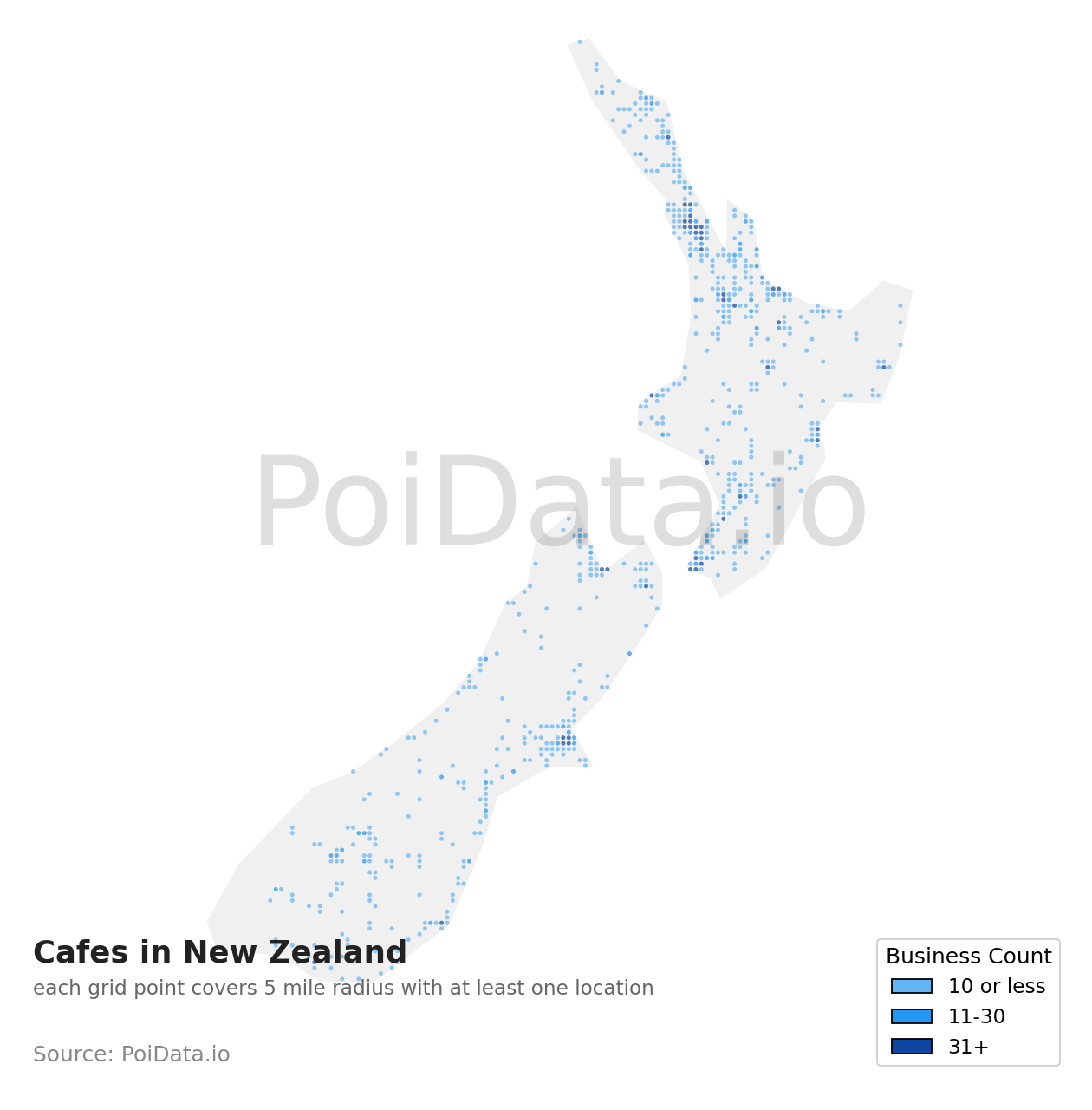 Cafe density map for New Zealand