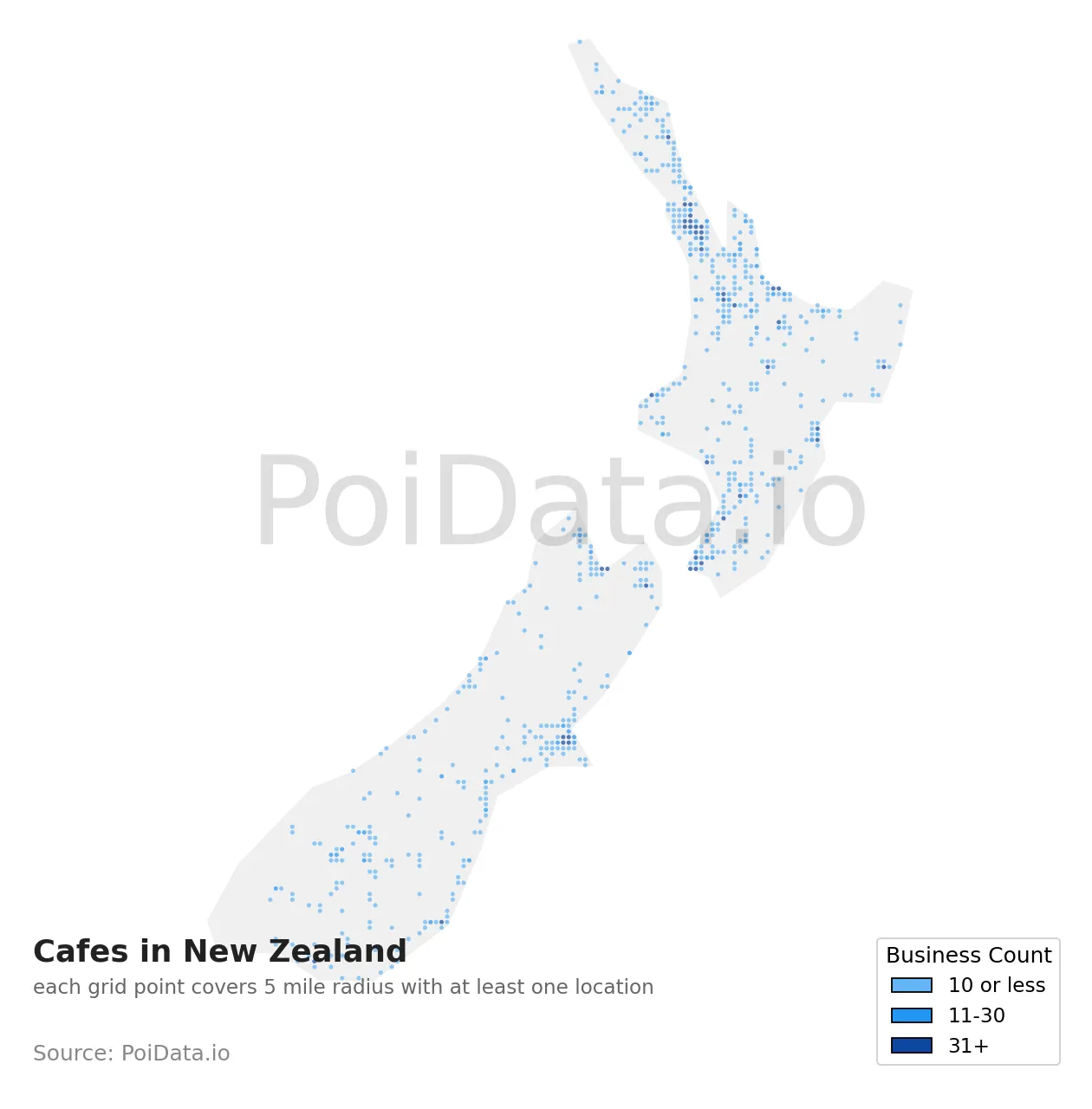 Cafe density map for New Zealand