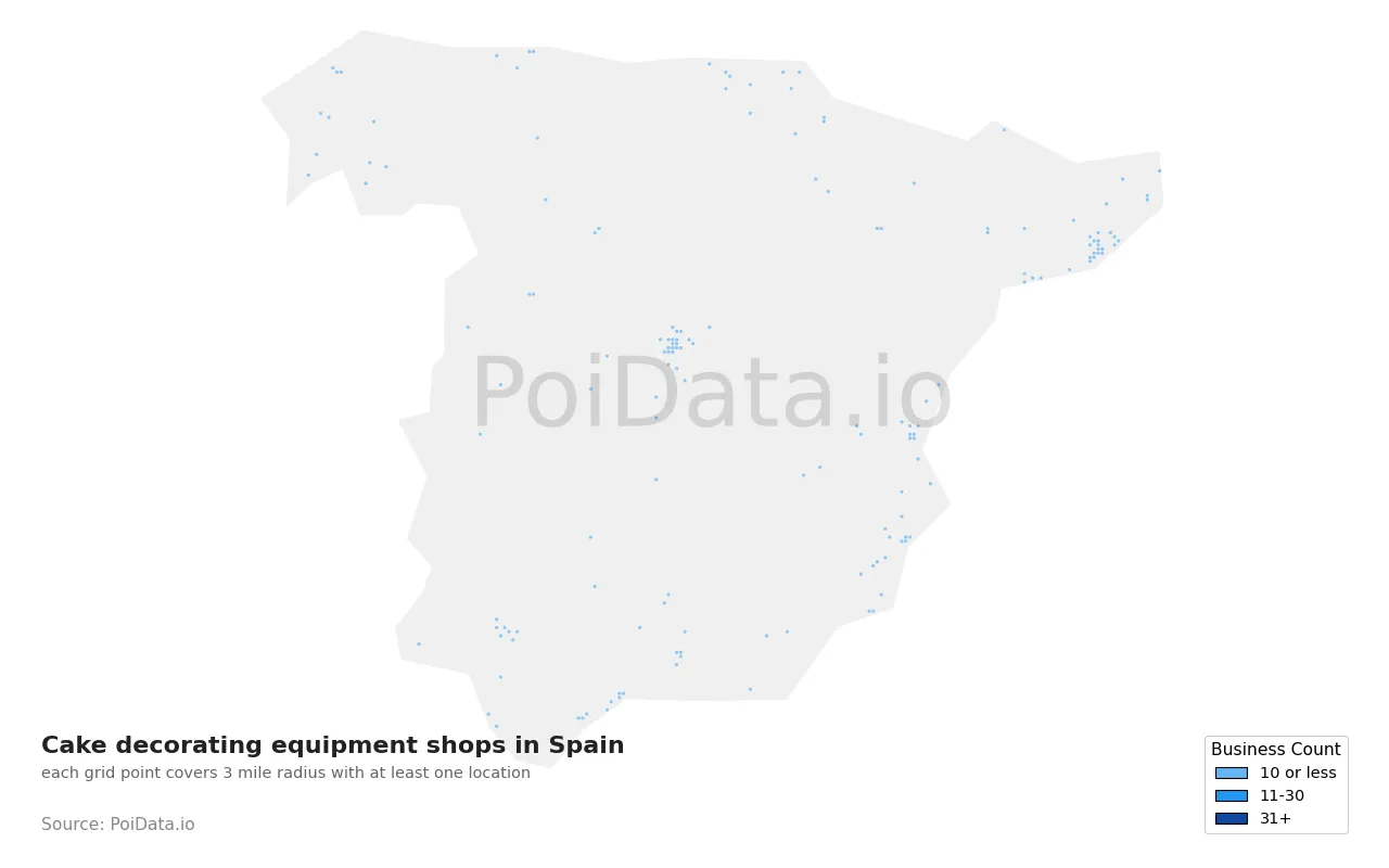 Cake decorating equipment shop density map for Spain