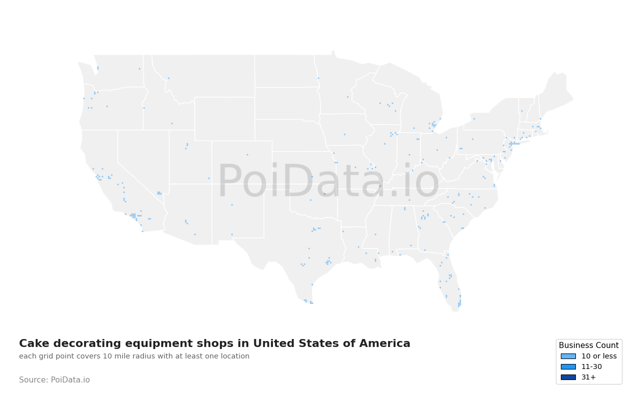 Cake decorating equipment shop density map for United States