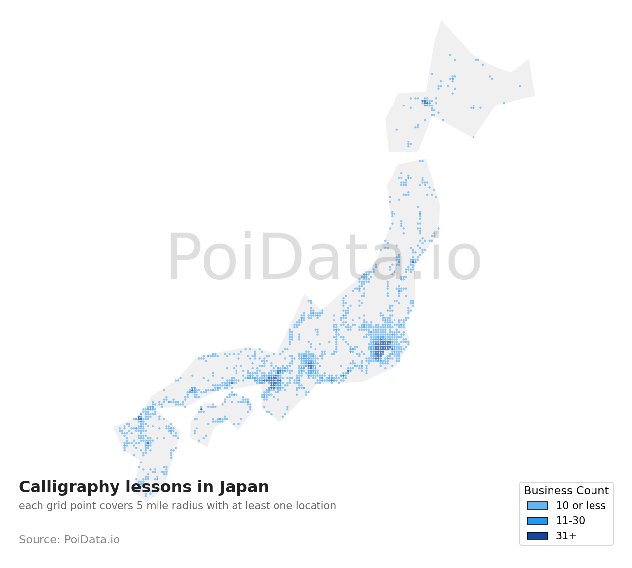 Calligraphy lesson density map for Japan