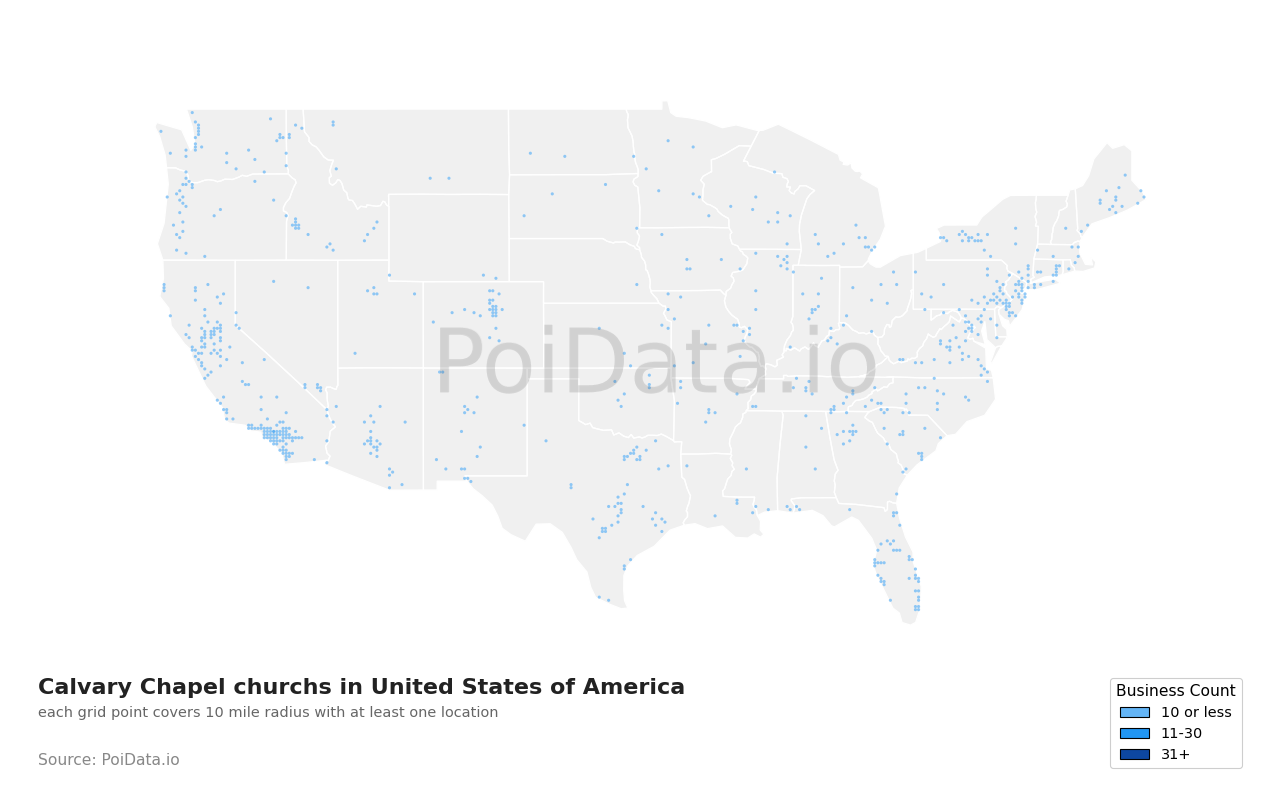 Calvary Chapel church density map for California, United States