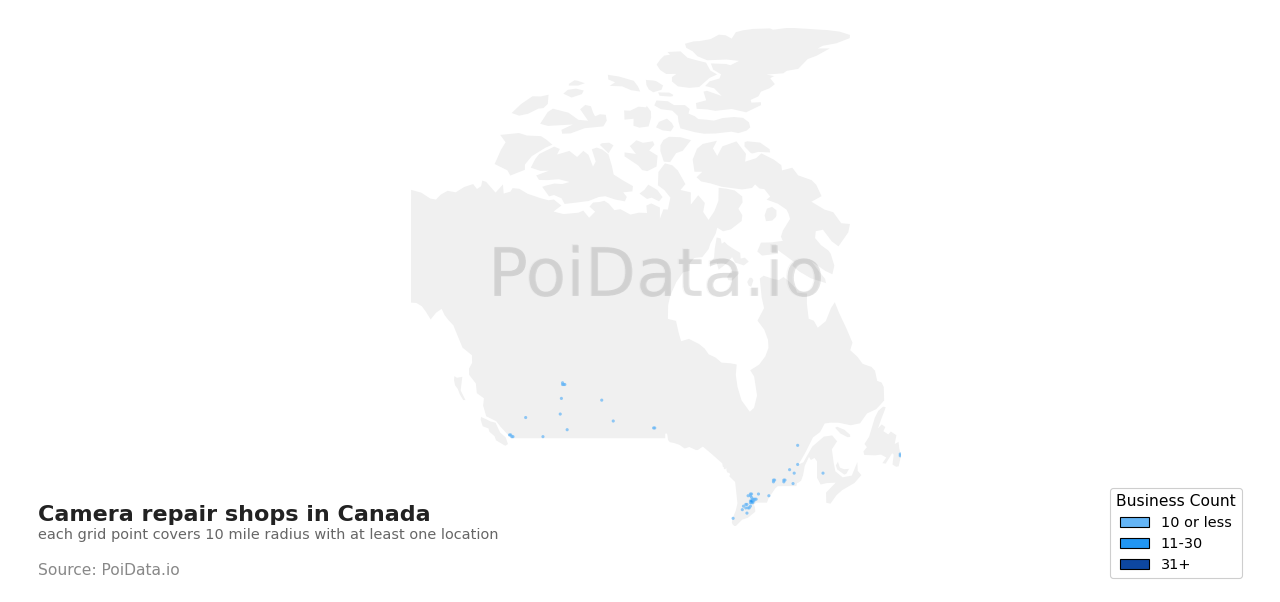 Camera repair shop density map for Canada