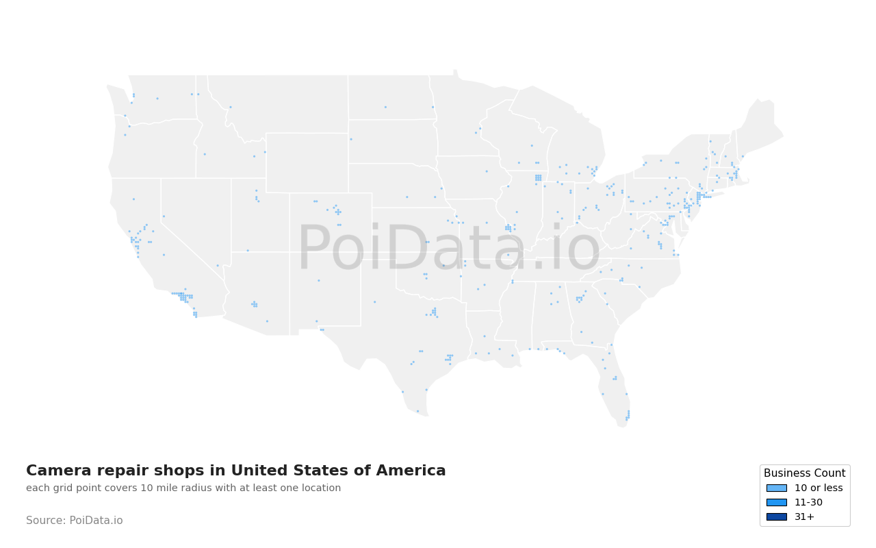 Camera repair shop density map for California, United States