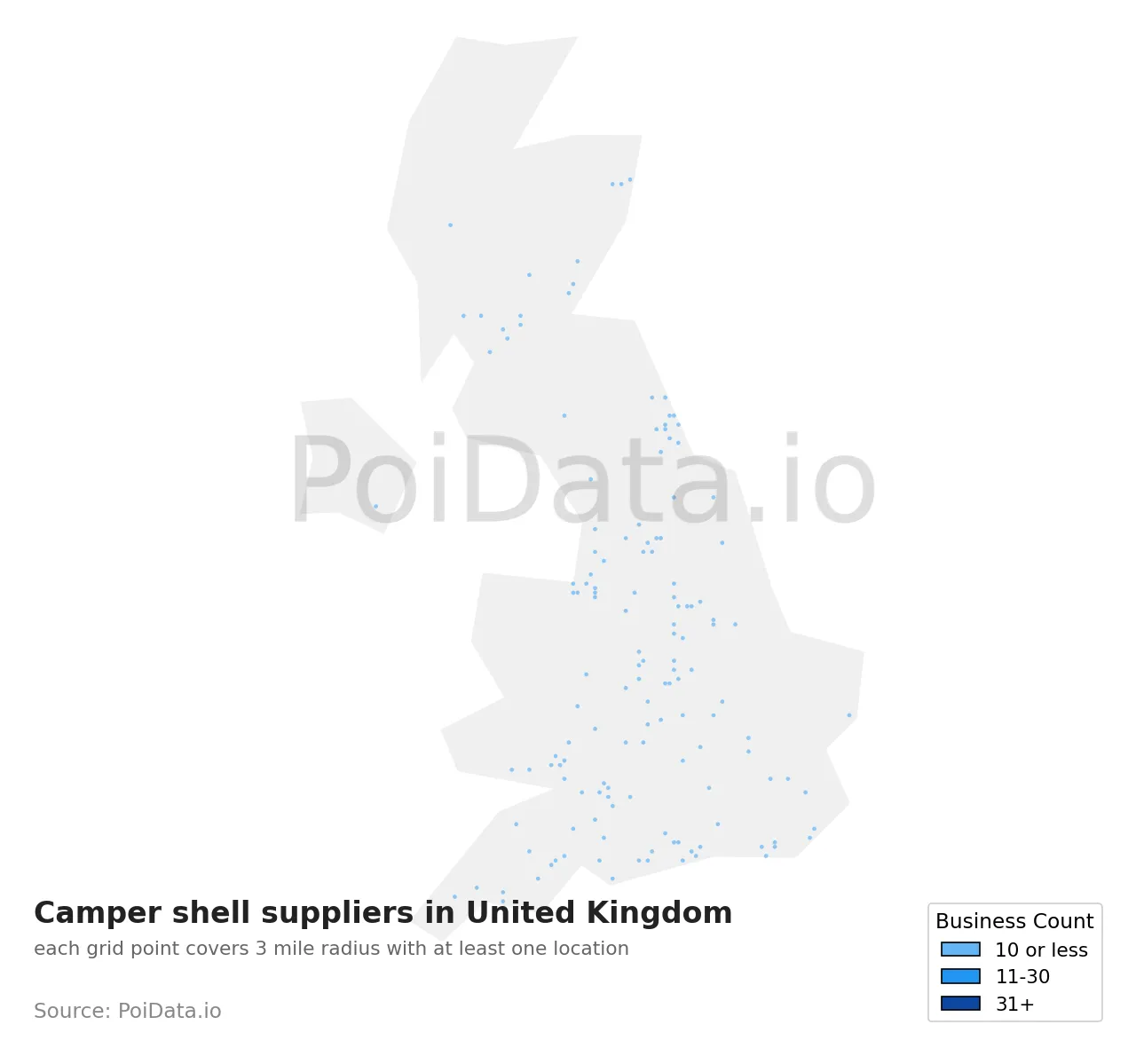 Camper shell supplier density map for United Kingdom
