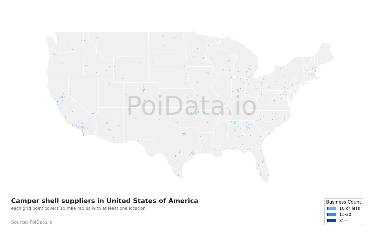 Camper shell supplier density map for United States