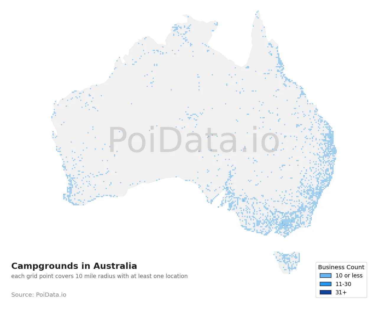 Campground density map for Australia