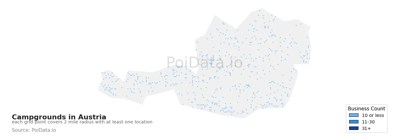 Campground density map for Austria