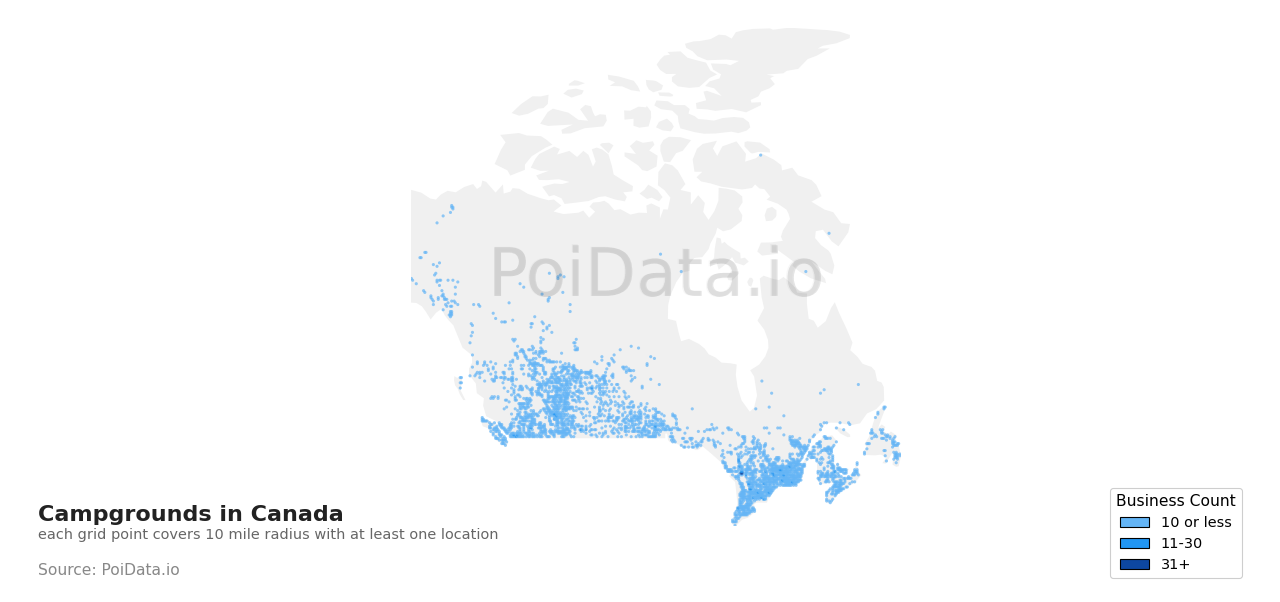 Campground density map for Canada