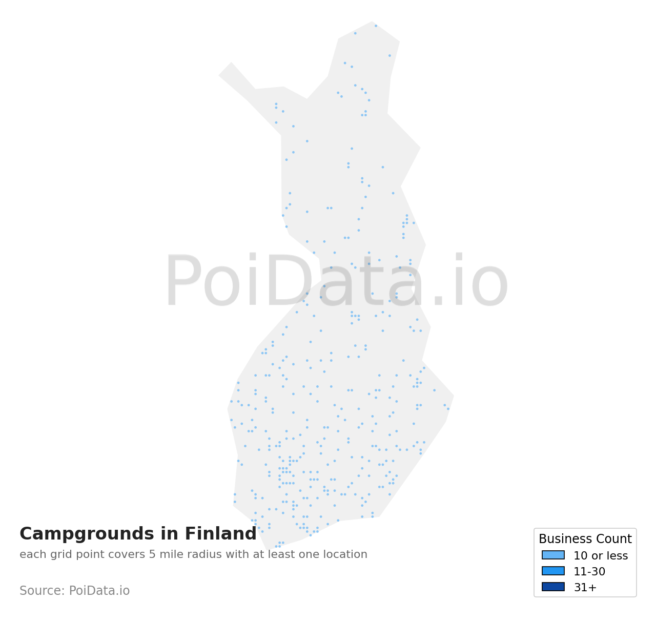 Campground density map for Finland